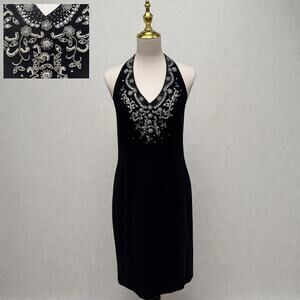 VTG Sandra Darren Y2K Halter Dress S 10 Black Beaded Short Fairy Whimsigoth Glam